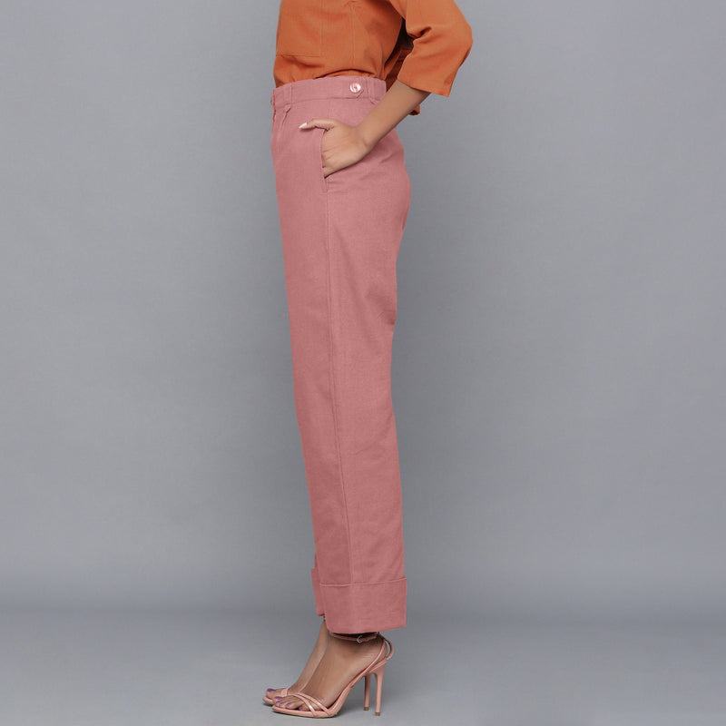 Left View of a Model Wearing English Rose Flannel Rolled-Up Straight Pant