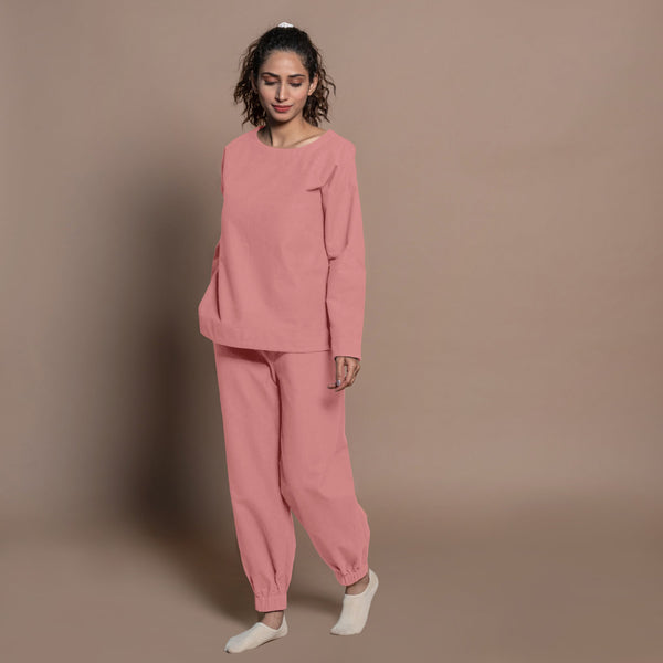 Left View of a Model wearing English Rose Warm Cotton Flannel Elasticated High-Rise Jogger Pant