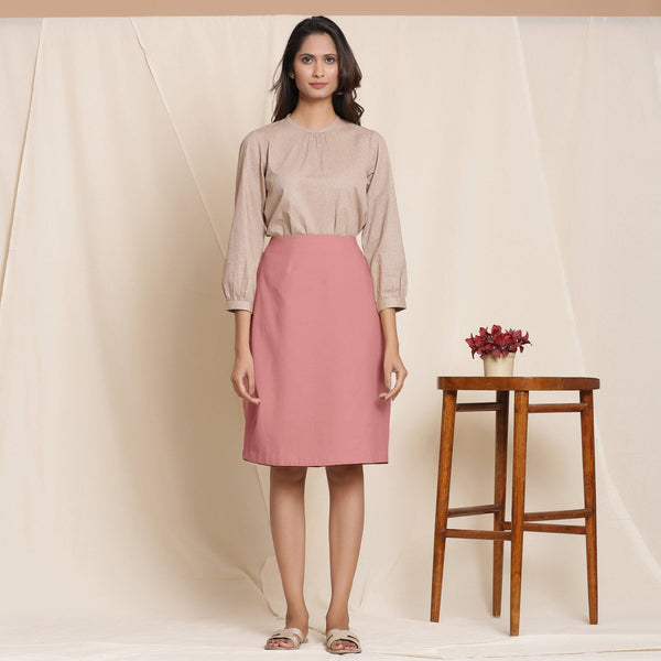 Front View of a Model wearing English Rose Warm Cotton Flannel Knee-Length Pencil Skirt