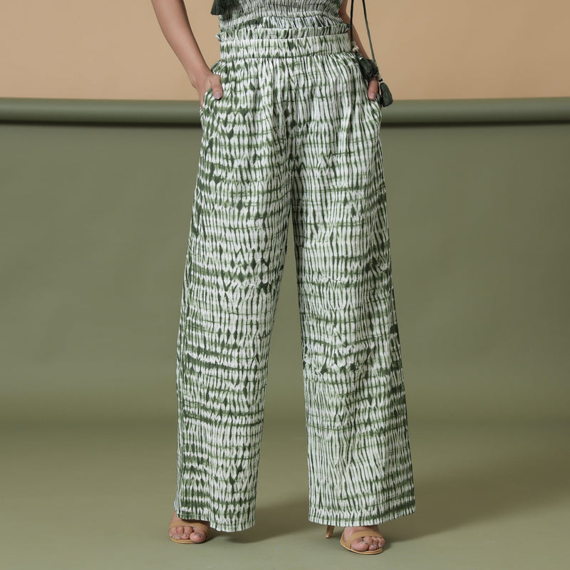 Front View of a Model wearing Fern Green Shibori Paperbag Pant