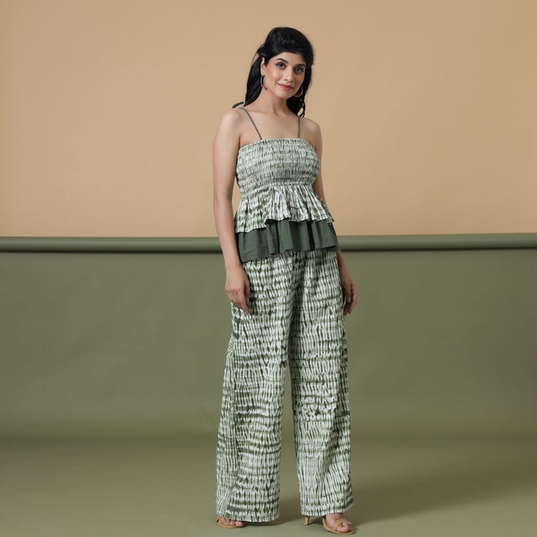 Front View of a Model wearing Fern Green Shibori Camisole Top and Pant Set