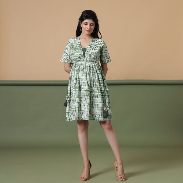 Front View of a Model wearing Forest Green Shibori Tie-Dye Cotton Knee Length Dress
