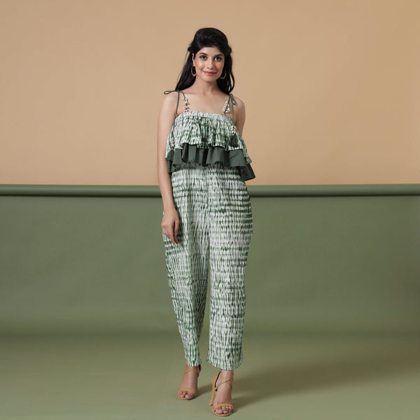 Front View of a Model wearing Forest Green Tie-Dye Ankle Length Cotton Camisole Jumpsuit