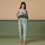 Front View of a Model wearing Forest Green Tie-Dye Ankle Length Cotton Camisole Jumpsuit