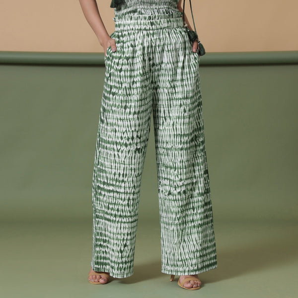 Front View of a Model wearing Forest Green Tie Dye Cotton Paperbag Pant