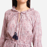Front Detail of a Model wearing Pink Crinkled Cotton Fit and Flare Dress