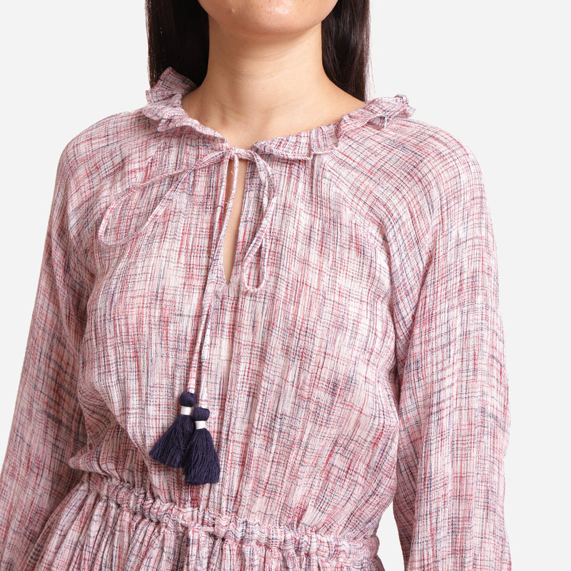 Front Detail of a Model wearing Pink Crinkled Cotton Fit and Flare Dress