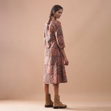 Back View of a Model wearing Warm Block Printed Muddy Red Cotton Midi Dress