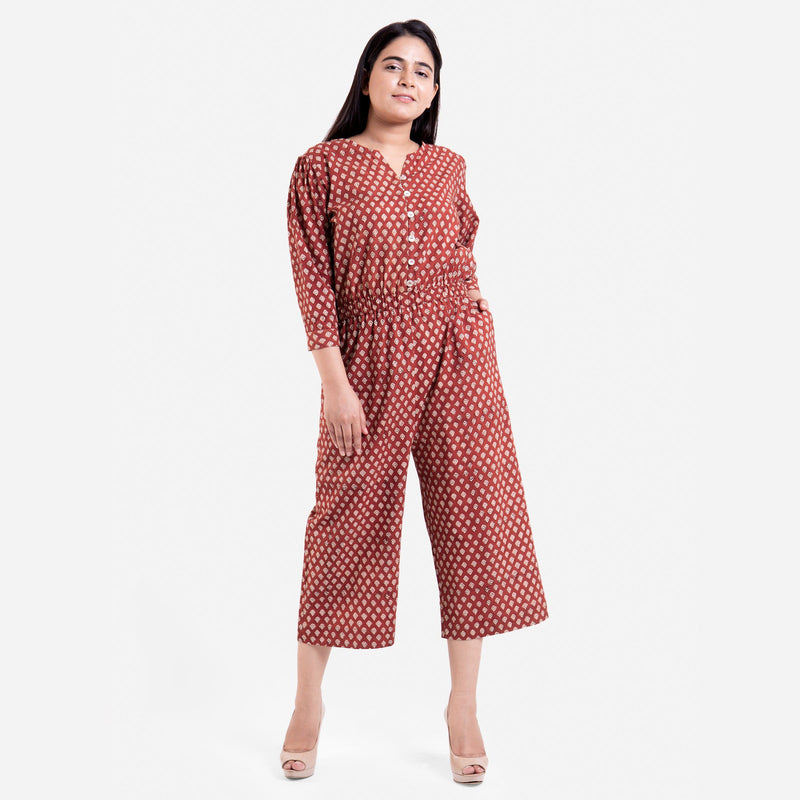 Front View of a Model wearing Hand Block Printed Button-Down Jumpsuit