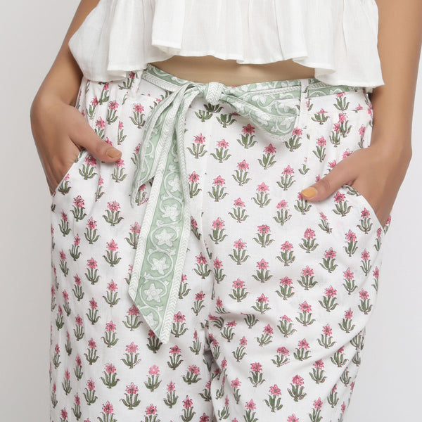 Front Detail of a Model wearing Floral Block Printed Low Rise Culottes