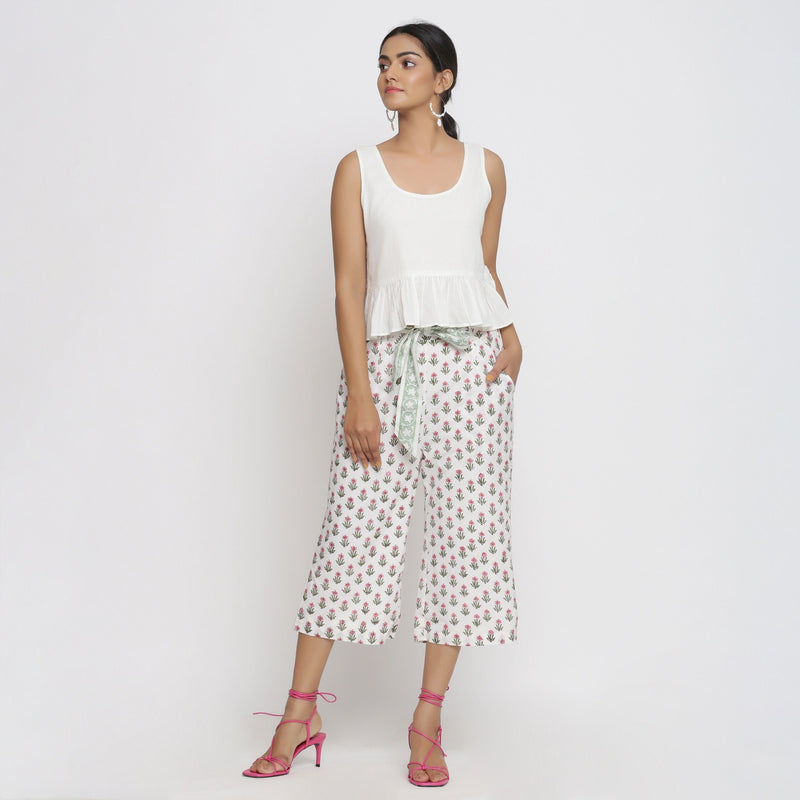 Front View of a Model wearing Floral Block Printed Low Rise Culottes