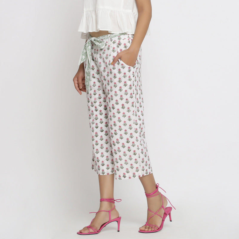 Left View of a Model wearing Floral Block Printed Low Rise Culottes