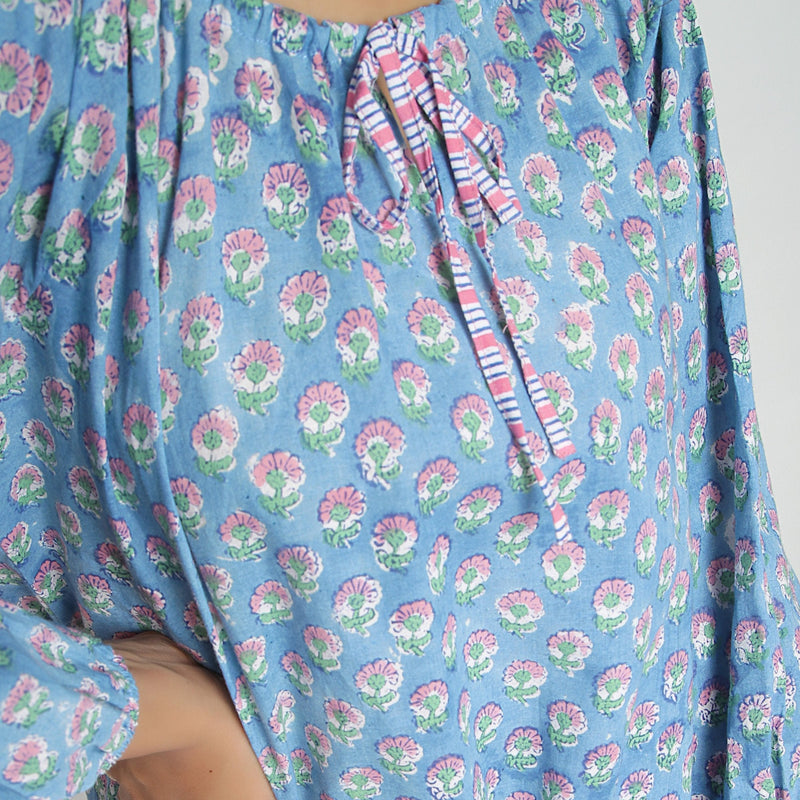 Front Detail of a Model wearing Blue Floral Block Printed Balloon Cotton Top