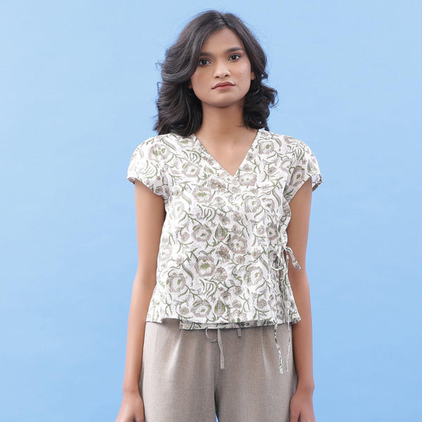 Front View of a Model wearing Floral Hand Block Printed Wrap Top