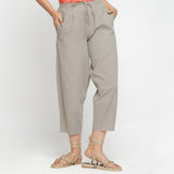 Front View of a Model wearing Yarn Dyed Cotton Beige Paneled Pant