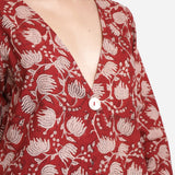 Front Detail of a Model wearing Floral Bagru Print V-Neck Wrap Top