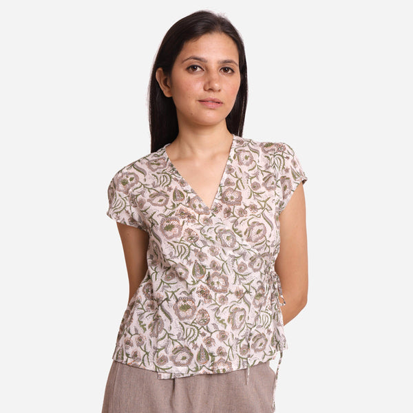 Front View of a Model wearing Floral Print V-Neck Casual Wrap Top