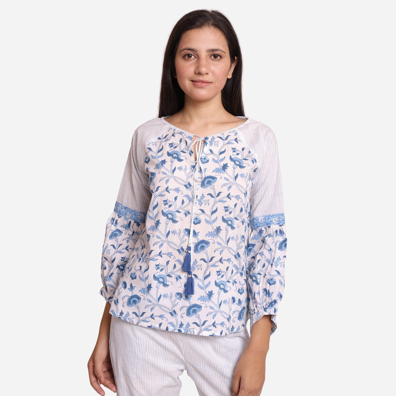 Front View of a Model wearing Blue Block Printed A-Line Cotton Top