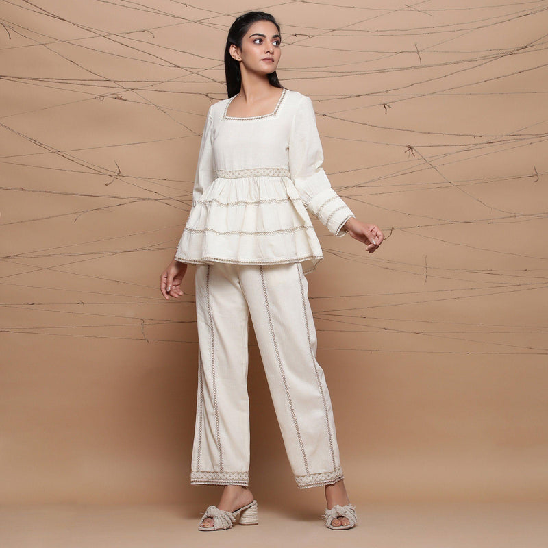 Buy Ecru Jute Cotton Lace Peplum Top and Elasticated Pant Co-ord