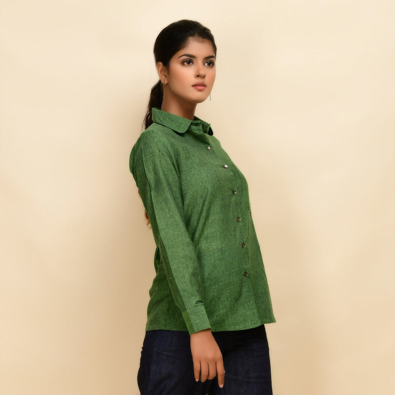 Right View of a Model wearing Forest Green Handspun Cotton Peter Pan Collar Shirt