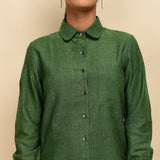 Front Detail of a Model wearing Forest Green Handspun Cotton Peter Pan Collar Shirt