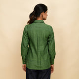 Back View of a Model wearing Forest Green Handspun Cotton Peter Pan Collar Shirt