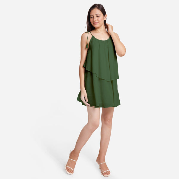 Forest Green 100% Cotton Tie-Up Shoulder Tier Mini Dress
