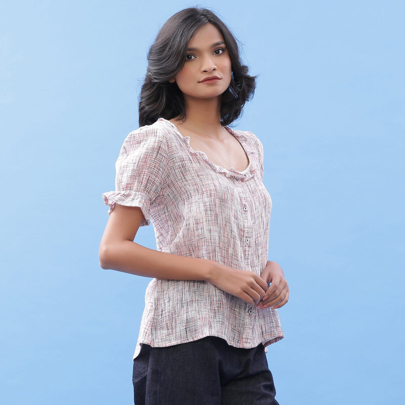 Right View of a Model wearing Frilled Crinkled Cotton Button-Down Blouse