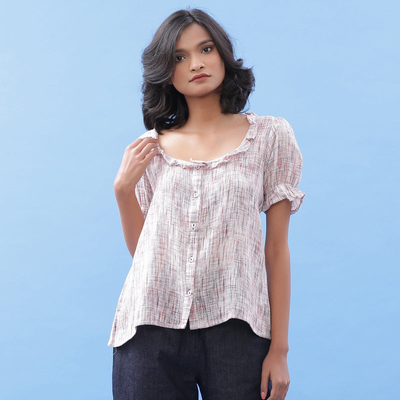 Front View of a Model wearing Frilled Crinkled Cotton Button-Down Blouse