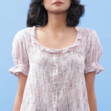 Front Detail of a Model wearing Frilled Crinkled Cotton Button-Down Blouse