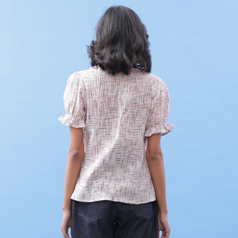Back View of a Model wearing Frilled Crinkled Cotton Button-Down Blouse