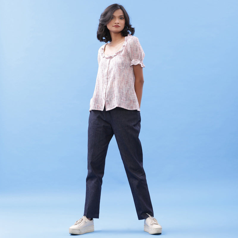 Left View of a Model wearing Frilled Crinkled Cotton Button-Down Blouse