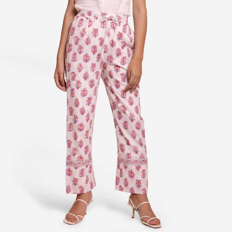 Front View of a Model wearing Fuchsia Floral Block Printed Cotton Straight Pant