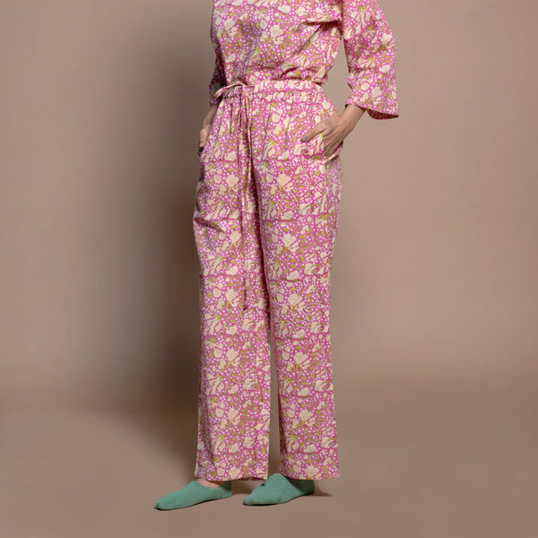 Left View of a Model wearing Fuchsia Floral Block Print Cotton Straight Pant