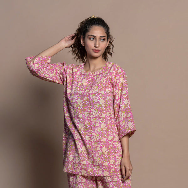 Front View of a Model wearing Fuchsia Floral Block Printed Cotton Tunic Top