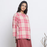 Right View of a Model wearing Pink Checkered Handspun Cotton Outerwear