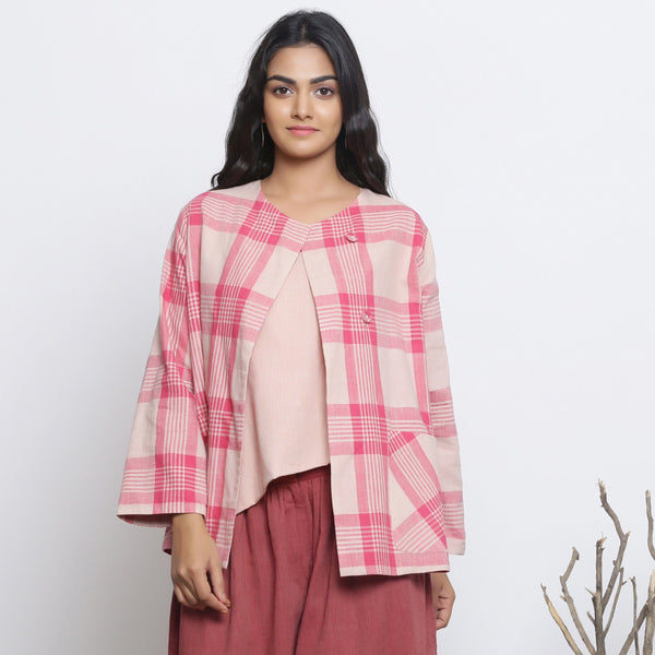 Front View of a Model wearing Pink Checkered Handspun Cotton Outerwear