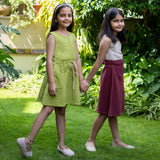 Girls - Khaki Green Cotton Flax Princess Line Short Dress