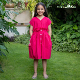 Girls - Pink Cotton Poplin Frilled Knee Length Bohemian Dress
