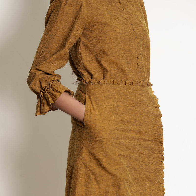 Front Detail of a Model wearing Golden Oak Warm Cotton Frilled Sleeve Top