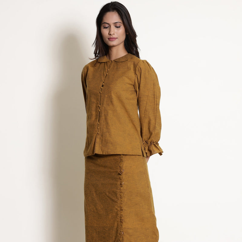 Left View of a Model wearing Golden Oak Warm Cotton Frilled Sleeve Top