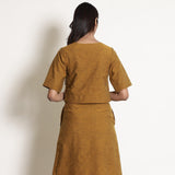Back View of a Model wearing Golden Oak Warm Cotton Surplice Neck Wrap Top