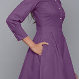 Front Detail of a Model wearing Grape Wine Button-Down Flannel Dress