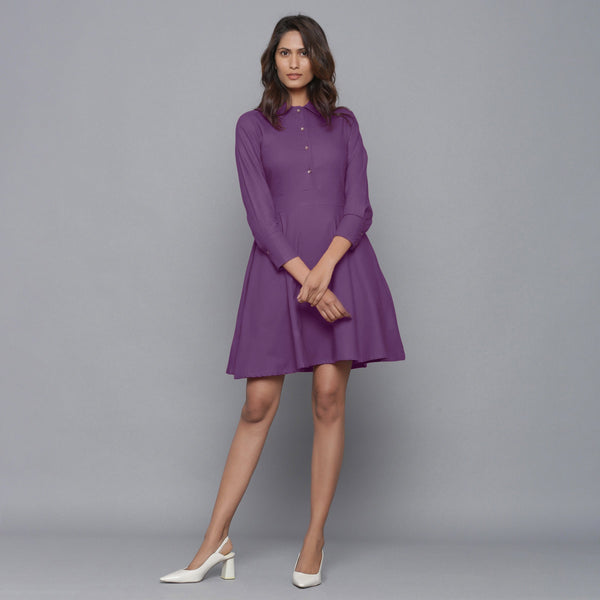 Front View of a Model wearing Grape Wine Button-Down Flannel Dress