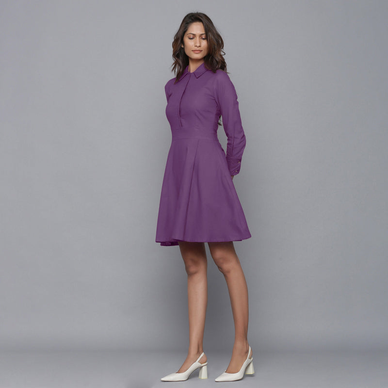 Left View of a Model wearing Grape Wine Button-Down Flannel Dress