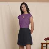 Left View of a Model wearing Grape Wine Cap Sleeve Cotton Flannel Short Top