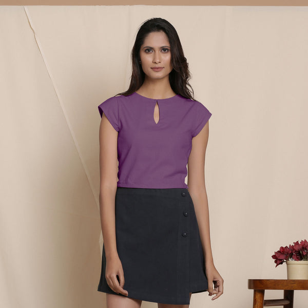 Front View of a Model wearing Grape Wine Cap Sleeve Cotton Flannel Short Top