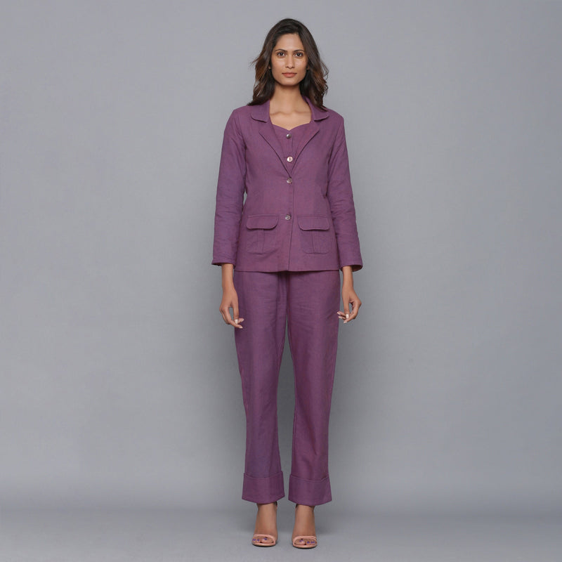 Front View of a Model wearing Grape Wine Cotton Flannel 3-Piece Set