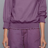 Front Detail of a Model wearing Grape Wine Cowl Neck Flannel Blouson Top
