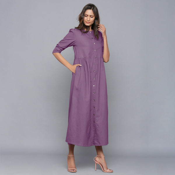 Front View of a Model wearing Grape Wine Flannel Gathered Dress